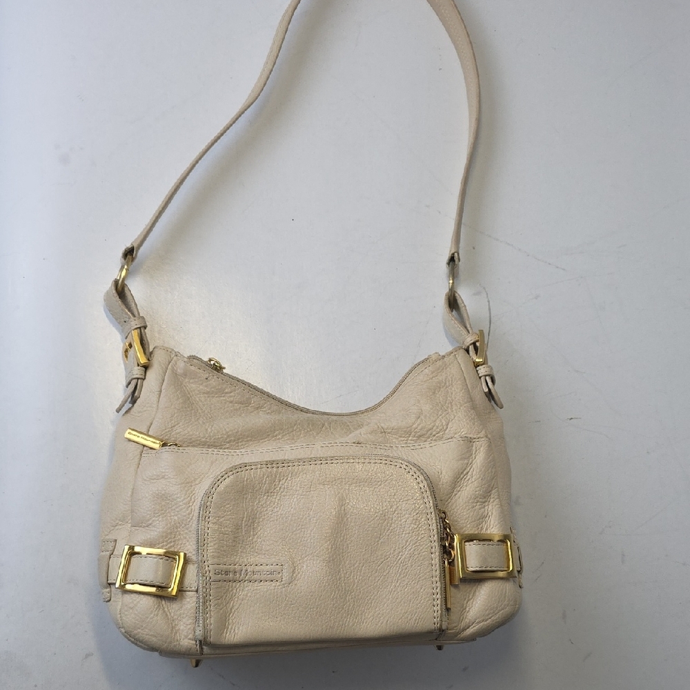 Stone Mountain Leather Shoulder Bag Cream Zip Multi Pockets Travel Purse Vintage